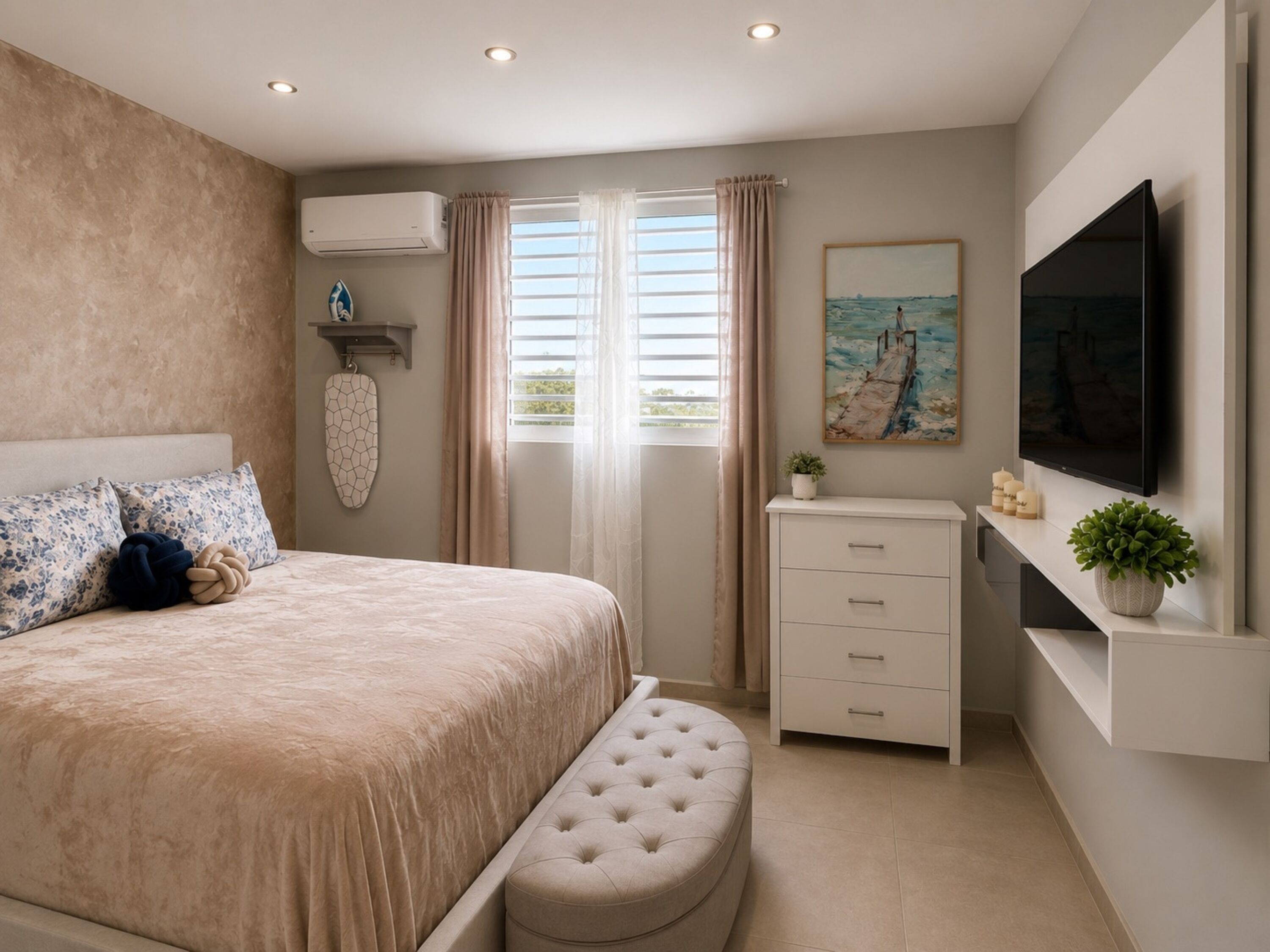 Un dormitorio con cama, televisor, cómoda y un cuadro.
