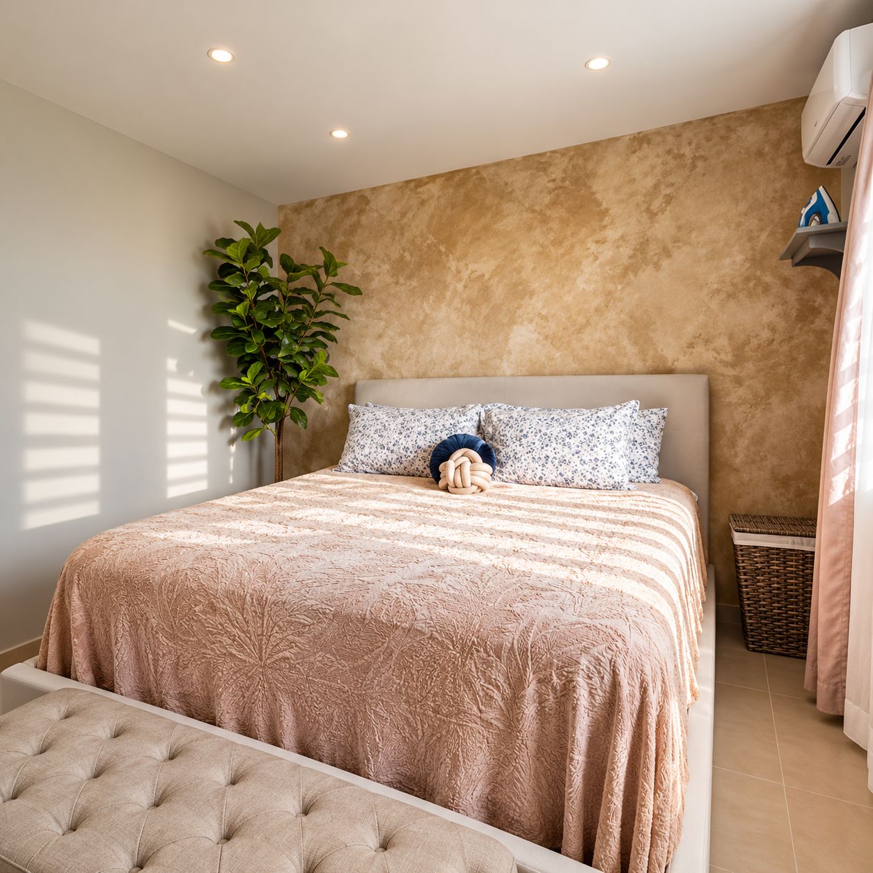 Un dormitorio con una cama grande, una planta en la mesita de noche, un aire acondicionado de pared y una pequeña cesta de mimbre.