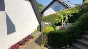 Un sendero estrecho que conduce a una casa con paneles solares en el techo, rodeada de setos cuidados y plantas con flores.