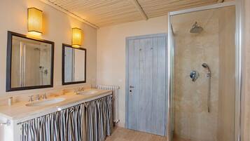 Douche, sèche-cheveux, bidet, serviettes fournies