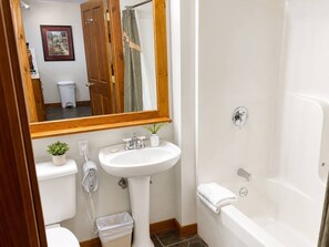 A bathroom with a white sink, a mirror, a shower, and a toilet. - Rimfire 205 Snowshoe Village Great Views Sleeps 6 (Snowshoe)
