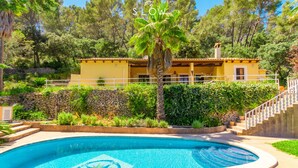 Piscina con diseño de estrella, rodeada por un muro de piedra y abundante vegetación.