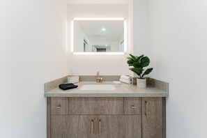 Chuveiro, secador de cabelo, toalhas de banho, sabonete