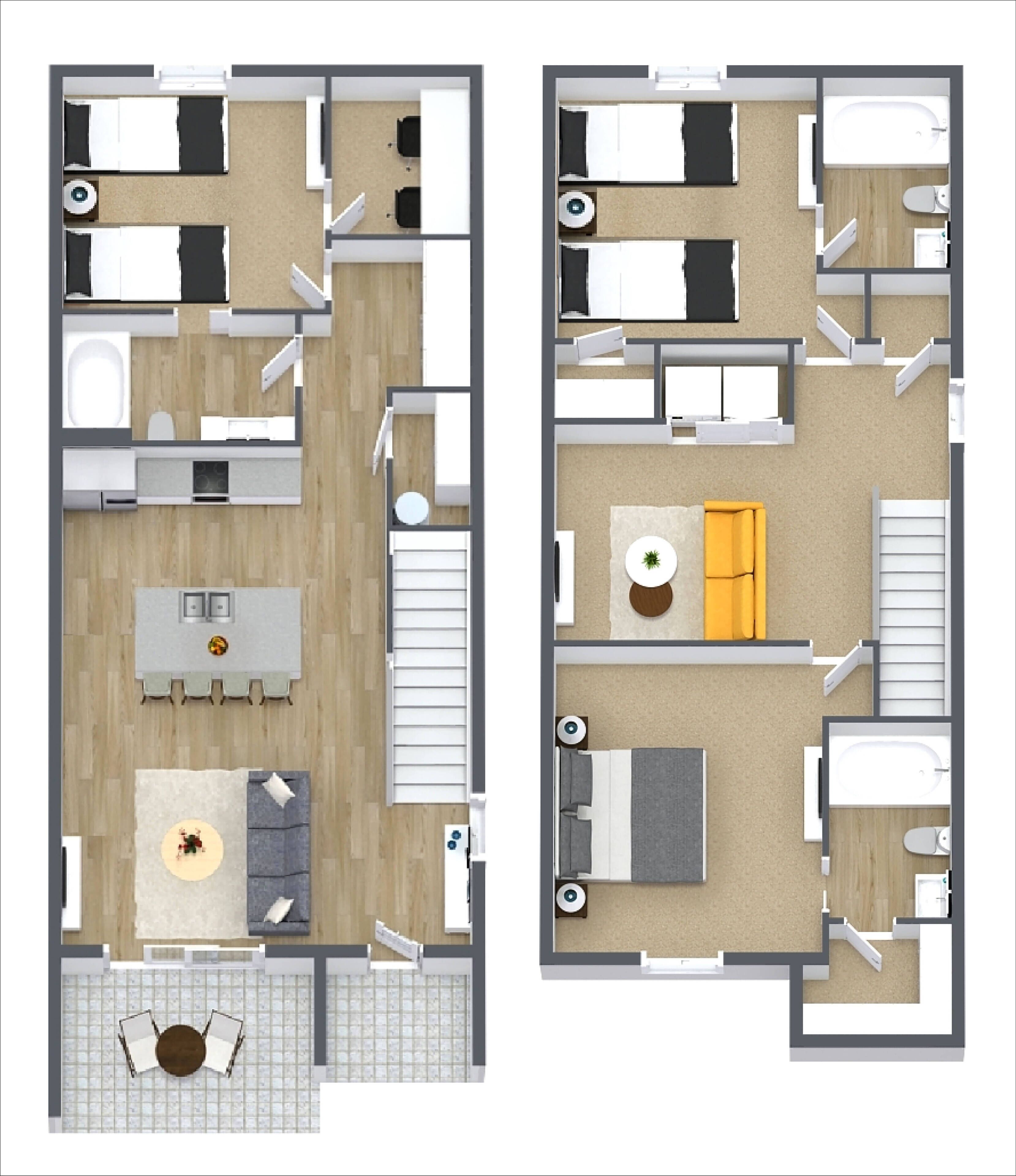 Distribución de un apartamento de dos plantas con sala de estar, cocina, comedor, dos dormitorios, un baño y un balcón.