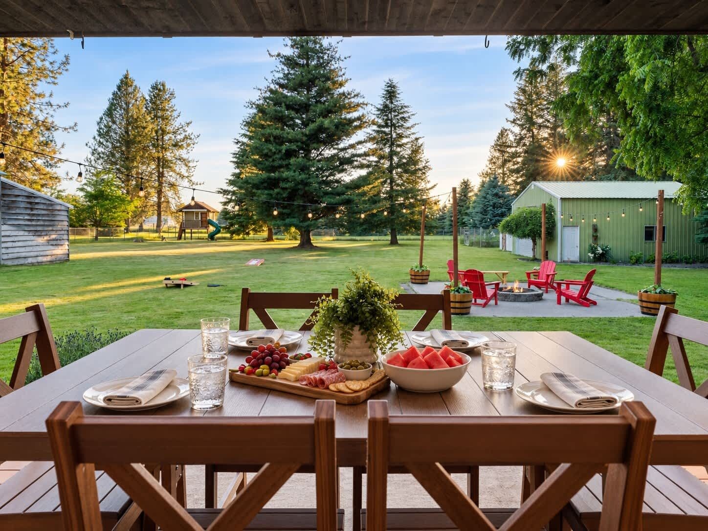 An outdoor dining area with a table set for two, surrounded by chairs, with a view of a grassy yard and trees.