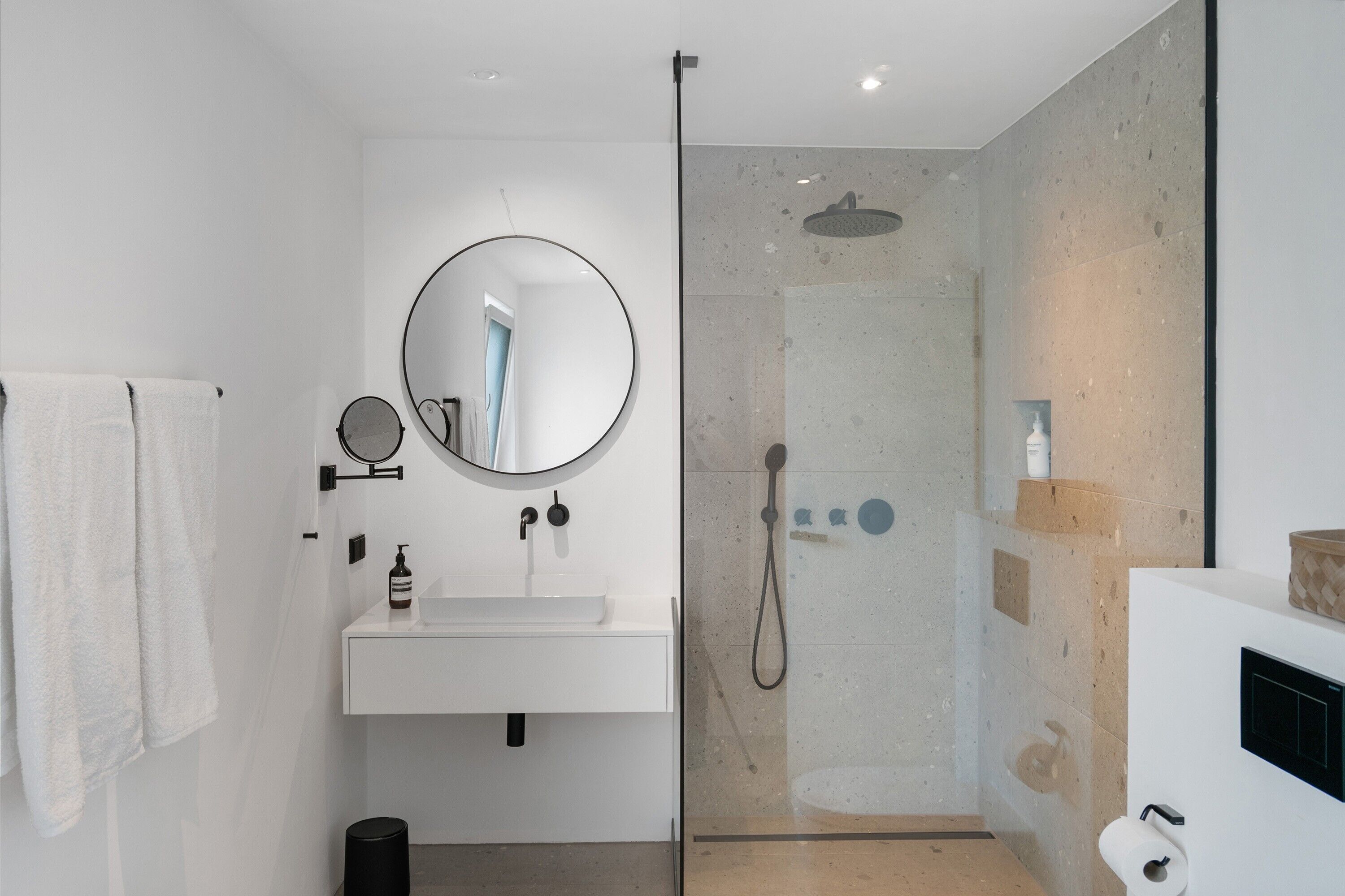 Shower, hair dryer, towels