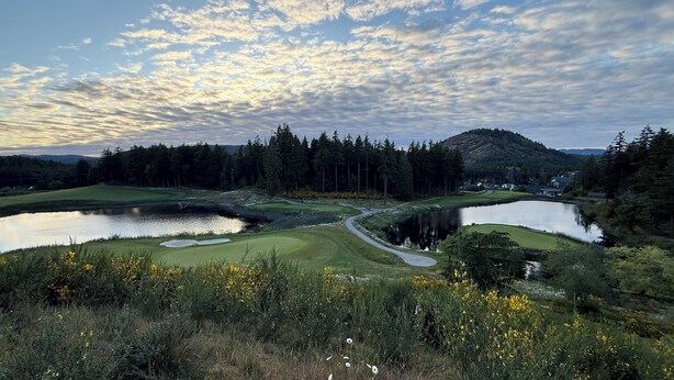 A golf course with ponds, trees, and a mountain in the background.