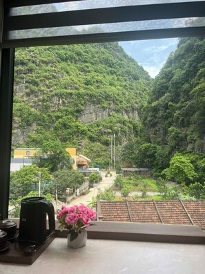 Vista desde una ventana sobre un valle exuberante con un edificio y una cafetera en el alféizar.