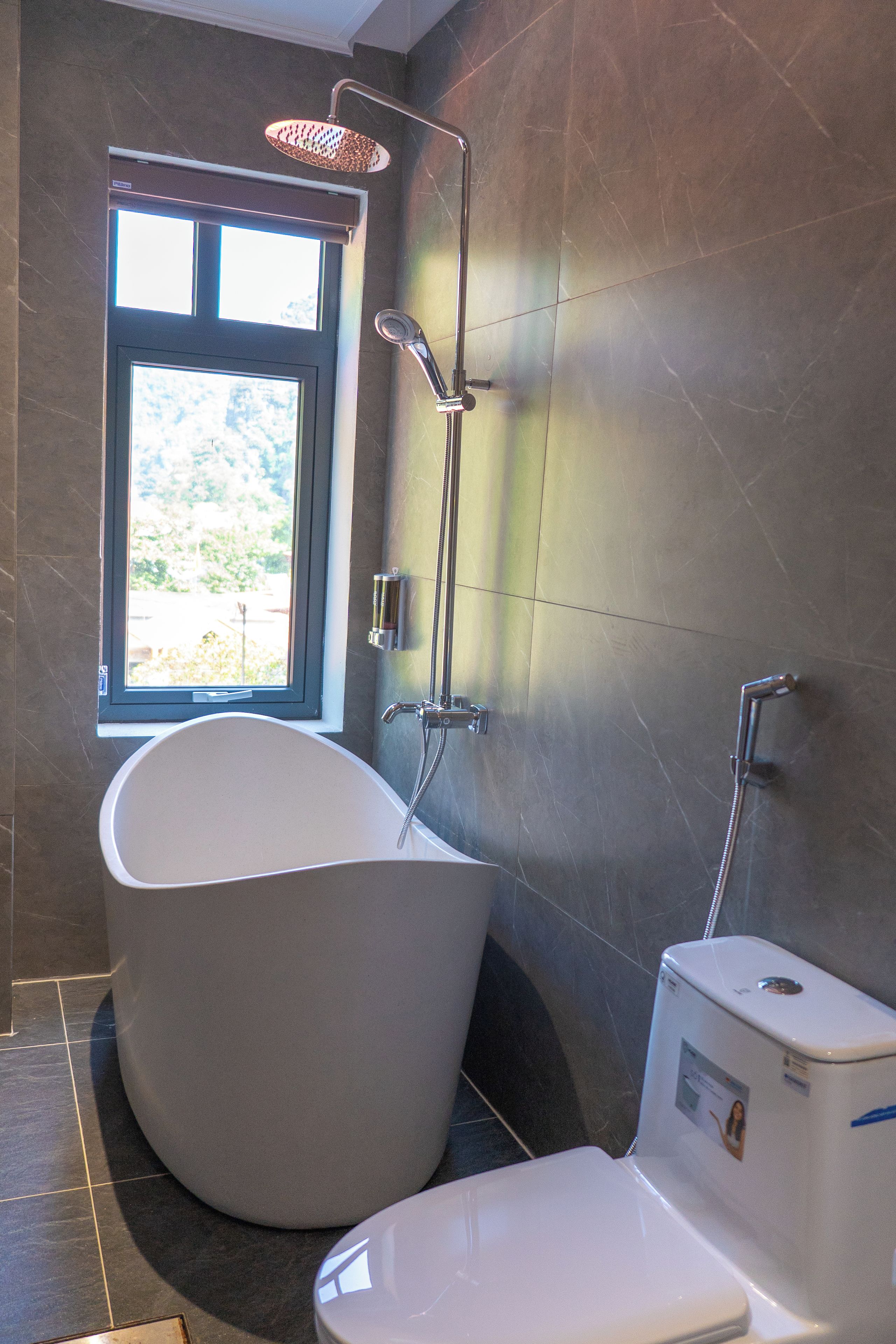 Un baño con una bañera independiente, inodoro y ducha de pared.
