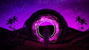 A person standing in front of a large circular structure with a glowing interior, surrounded by palm trees and a starry sky.