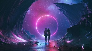 A futuristic tunnel with a glowing circular portal, two figures walking towards it, and a starry sky.