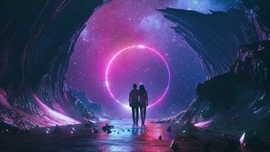 Un tunnel futuriste avec un portail circulaire lumineux, deux silhouettes qui s’en approchent et un ciel étoilé.