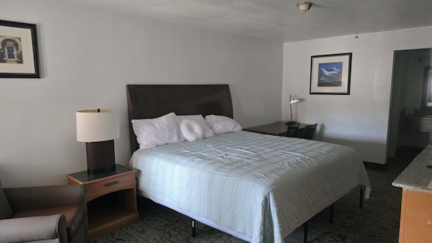 A hotel room with a bed, a desk, a chair, a lamp, and a picture on the wall. - Cajun Inn  (Shreveport)