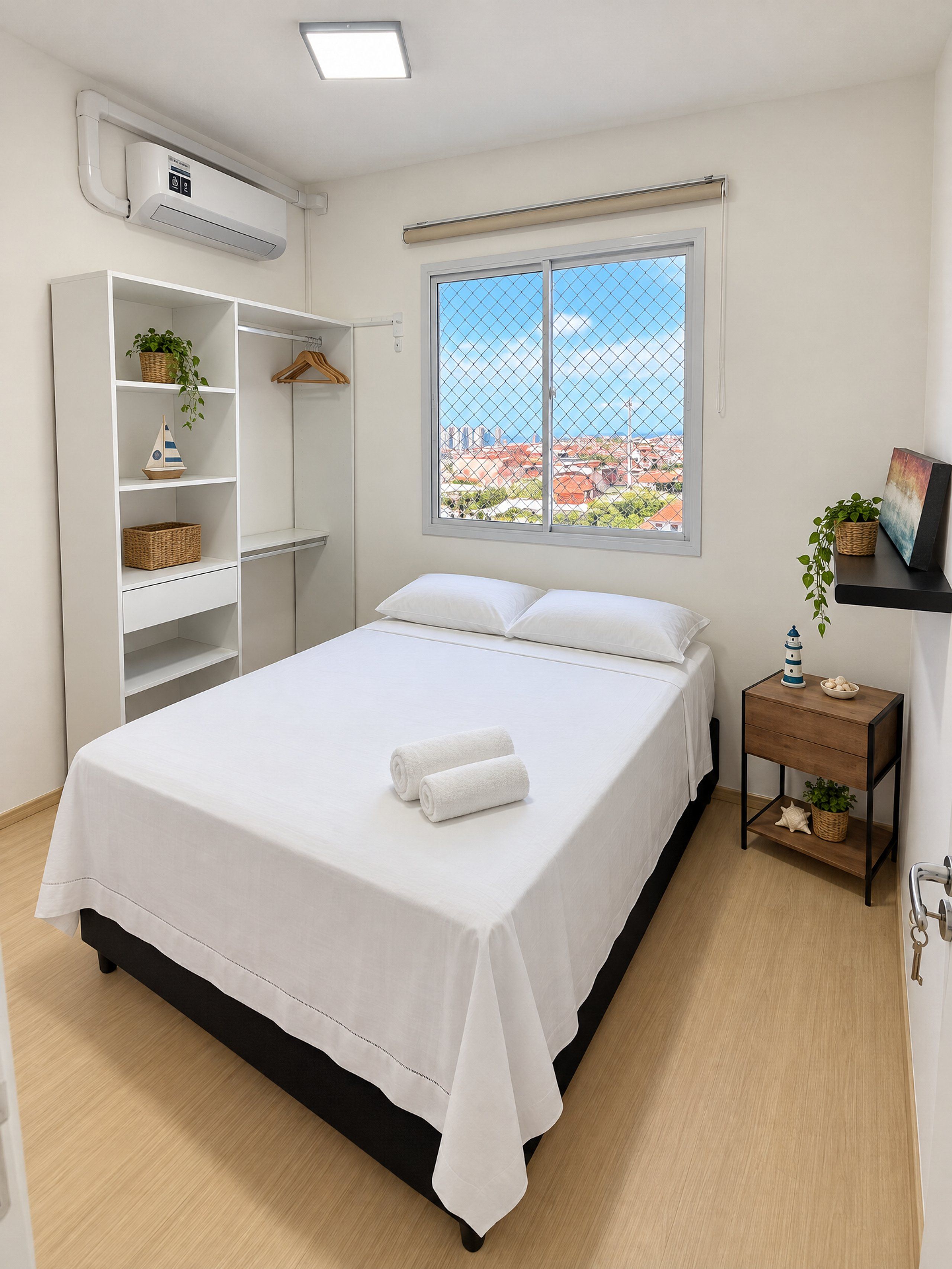 Un dormitorio con cama, armario, ventana con vistas y mesita de noche con planta.