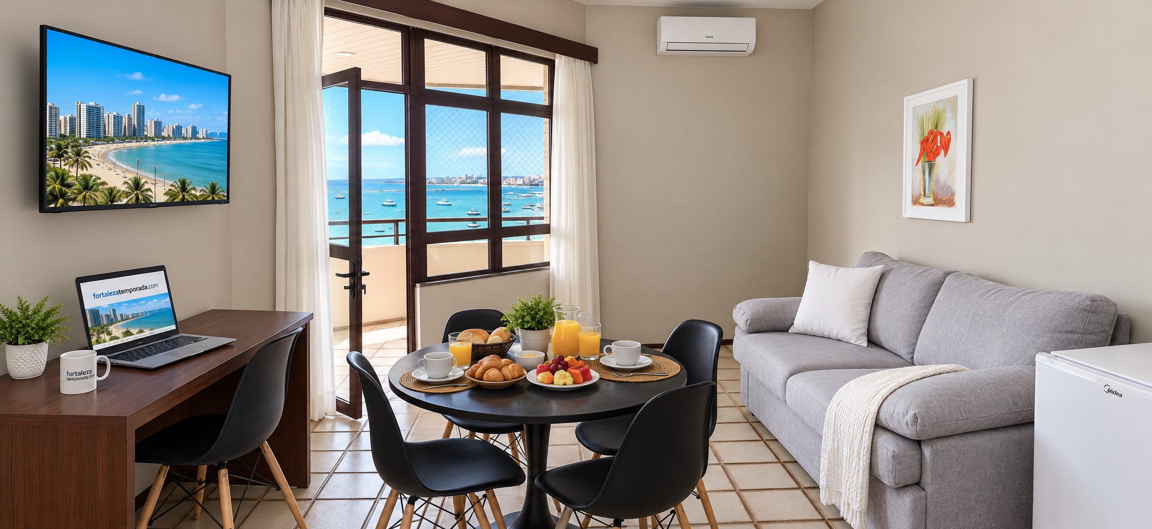 A modern living room with a dining area, a laptop on a desk, and a view of the sea through large windows.