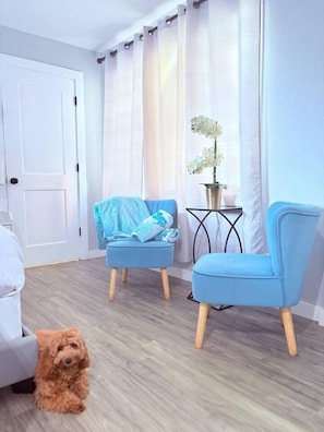 Ein Zimmer mit Holzboden, einer weißen Tür, zwei blauen Stühlen, einem kleinen Tisch mit einer Pflanze und einem Hund.