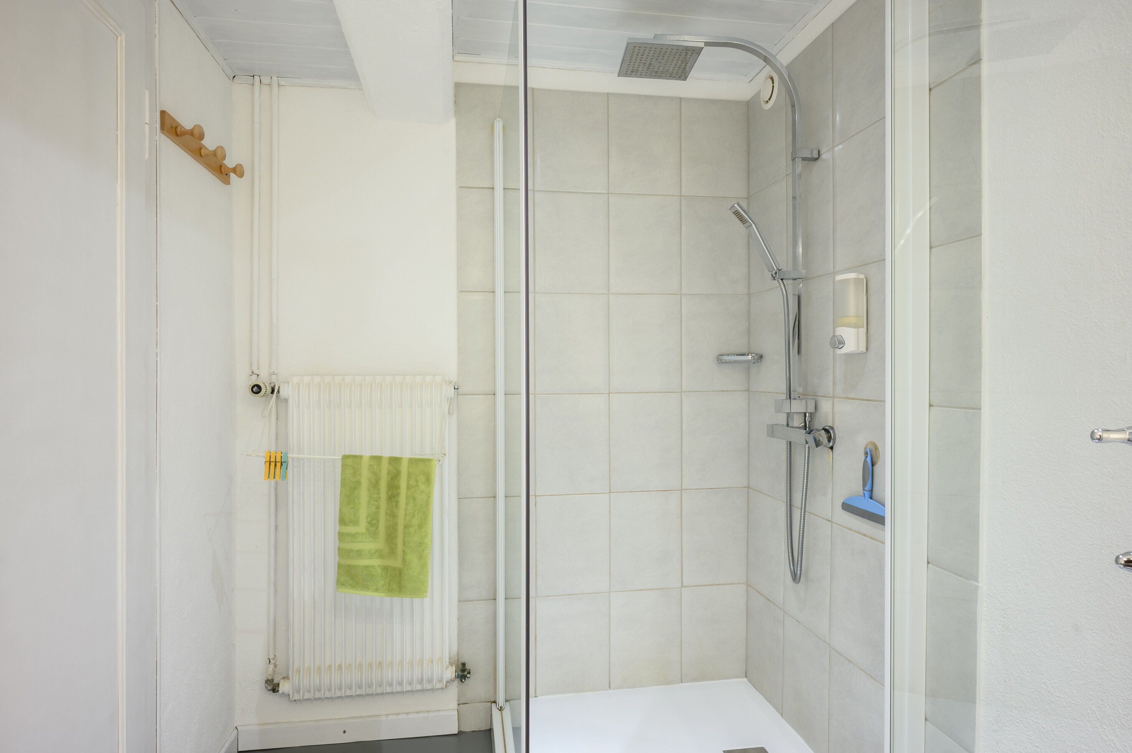 Een badkamer met een douche, toilet en een handdoekradiator.