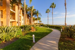 A hotel corridor with palm trees, a pathway, and a view of the ocean.