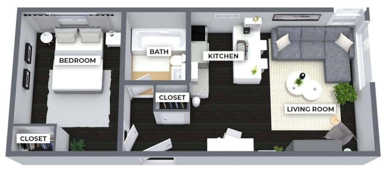 A 2-bedroom apartment layout with a separate bathroom, kitchen, and living room.