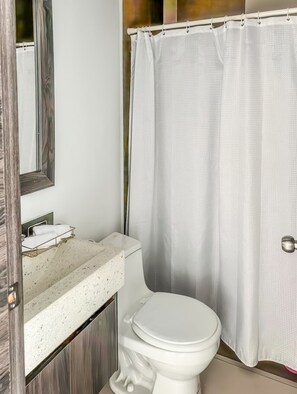 Ein Badezimmer mit Toilette, Duschvorhang, Spiegel und Waschbecken.