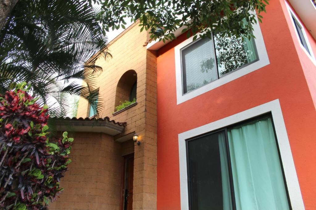 A building with a brick facade, a window with a curtain, and a small balcony with plants.