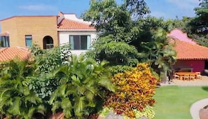 Una casa con techo de tejas, pared de ladrillo y jardín con diversas plantas.
