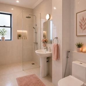 Ein modernes Badezimmer mit einer einteiligen Duschkabine, einem Standwaschbecken, einer Toilette und einem Spiegel mit einem gemukten Blätterwerk.