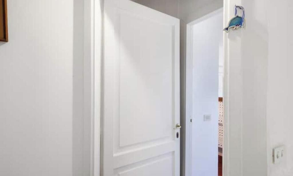A hallway with white doors, a visible light switch, and a blue object on the wall.