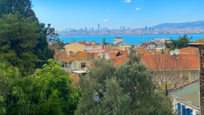 A coastal cityscape with residential buildings, a clear blue sky, and a distant city skyline. - Hayal Butik Otel (Adalar)