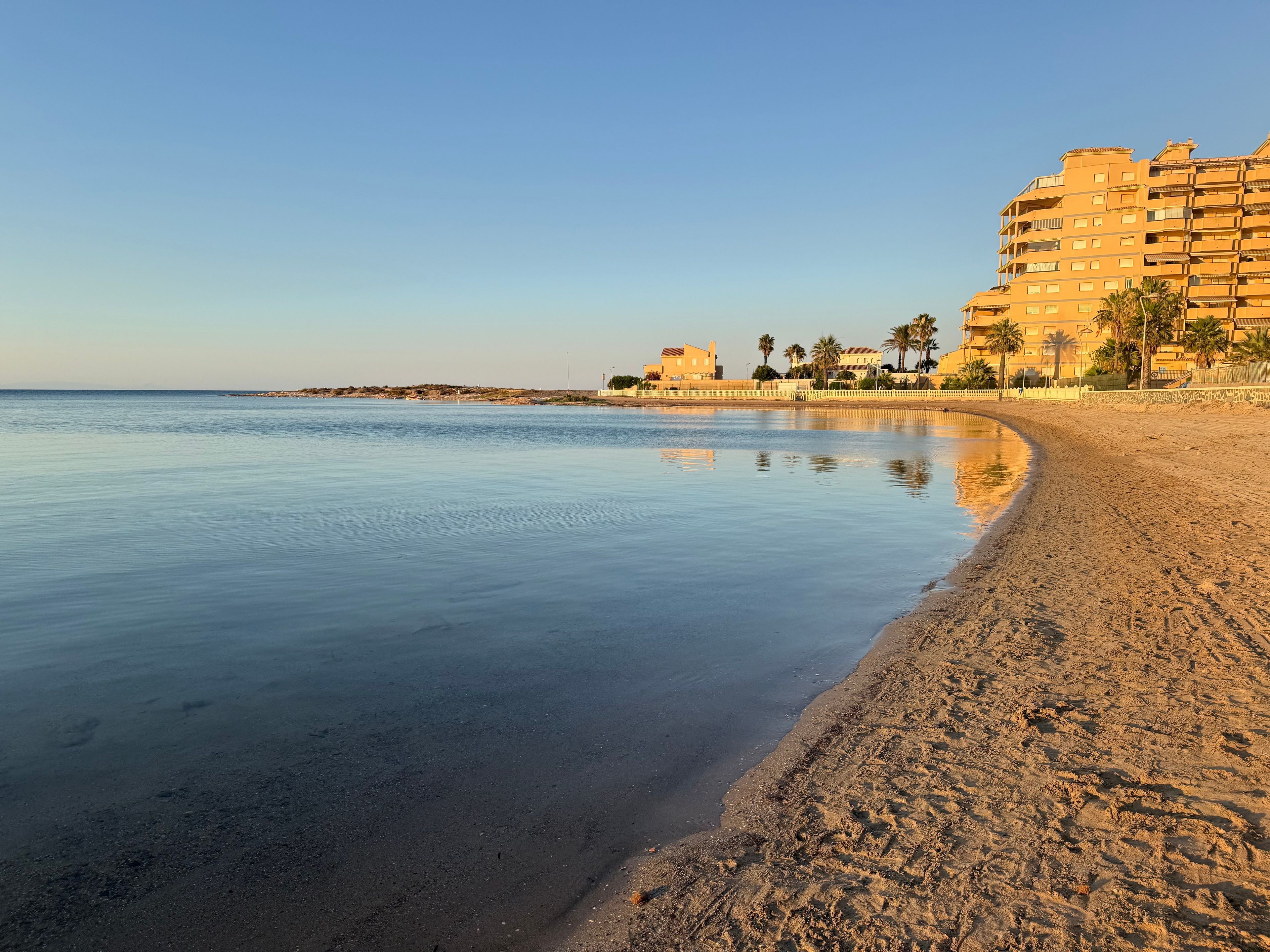 A beach with a calm sea, sandy shore, and a row of buildings in the background.