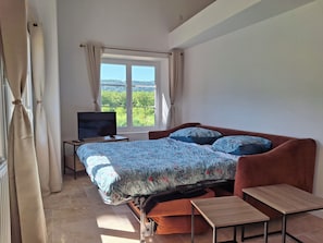 A bedroom with a bed, a TV, a window with curtains, and a view of greenery.