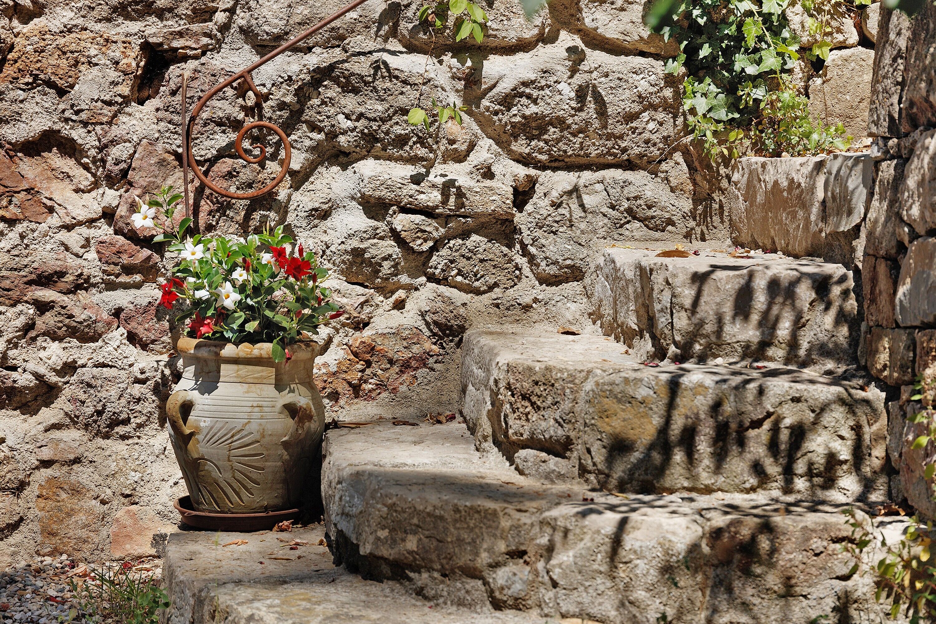 A stone staircase with a decorative pot on the first step.