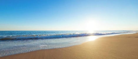 A beach with a clear sky and sunlight reflecting off the water.