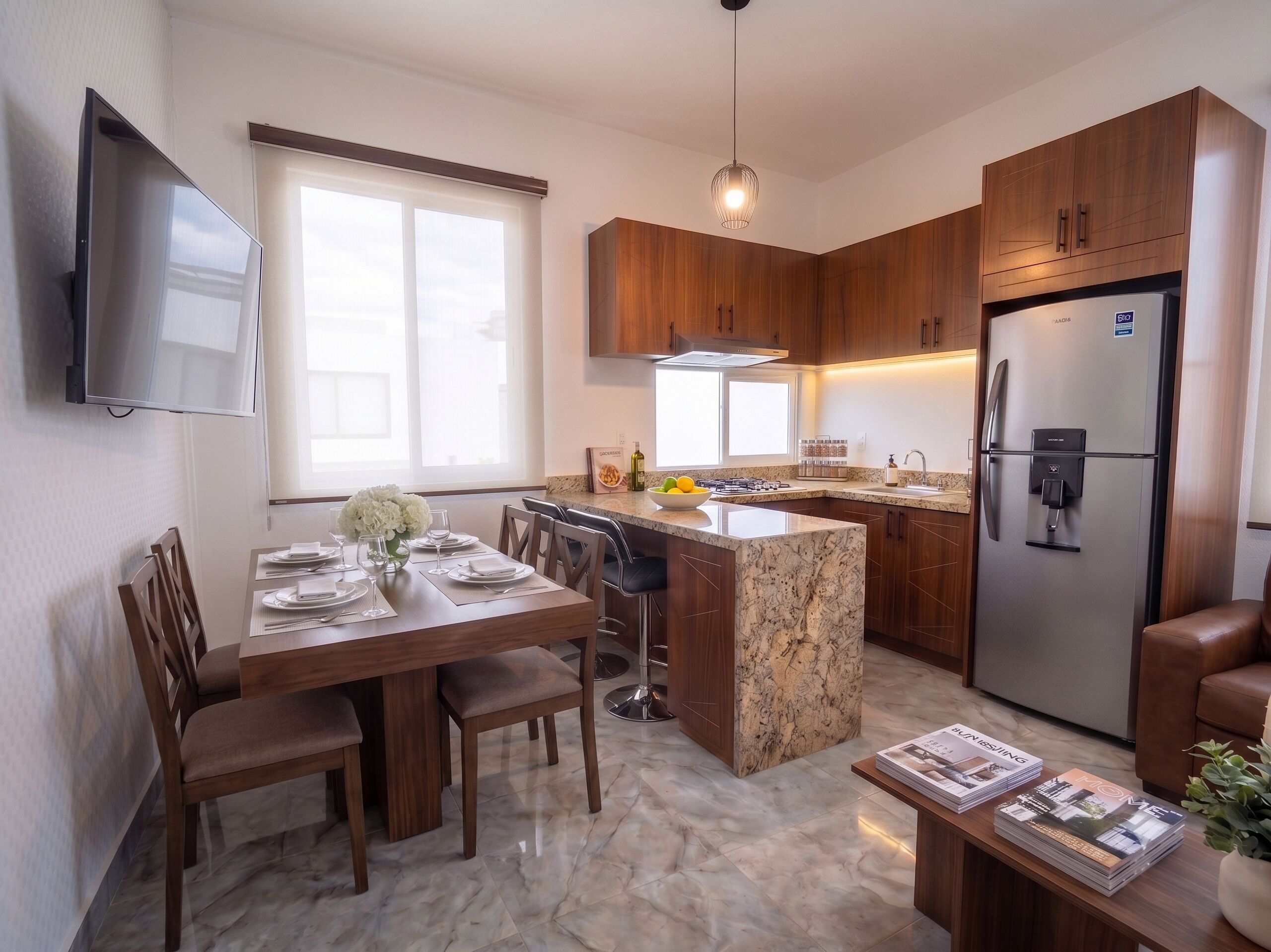 A modern kitchen with wooden cabinets, a marble island, a built-in refrigerator, and a dining area with a TV above the table.