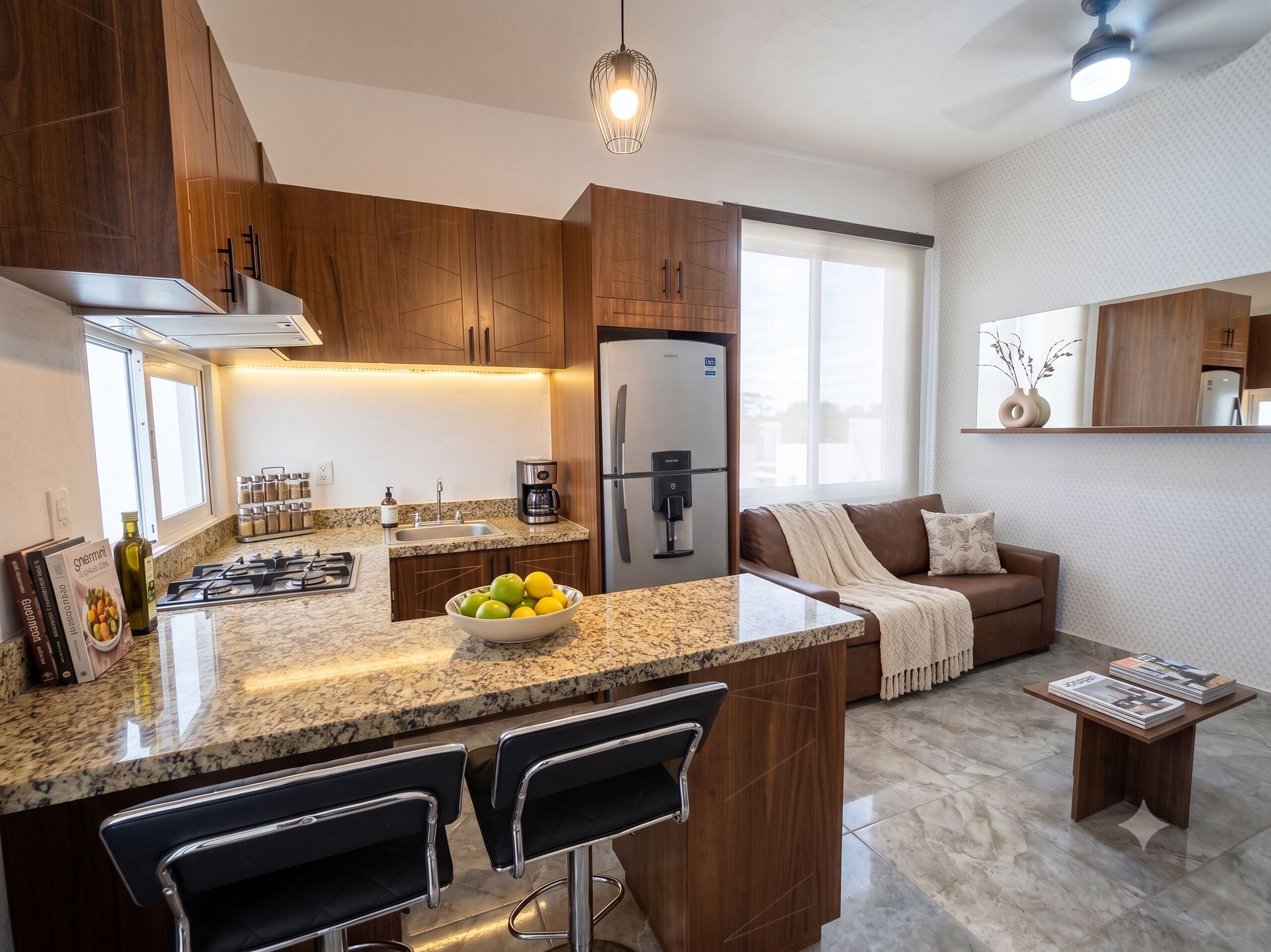 Una cocina moderna con encimeras de granito, armarios de madera, estufa a gas integrada, refrigerador y cafetera.