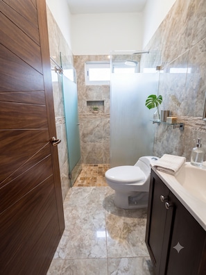 A bathroom with a toilet, a sink, a mirror, a shower, and a wooden door. - Las Canoas Zona Romantica By Monyxbnb (Puerto Vallarta)