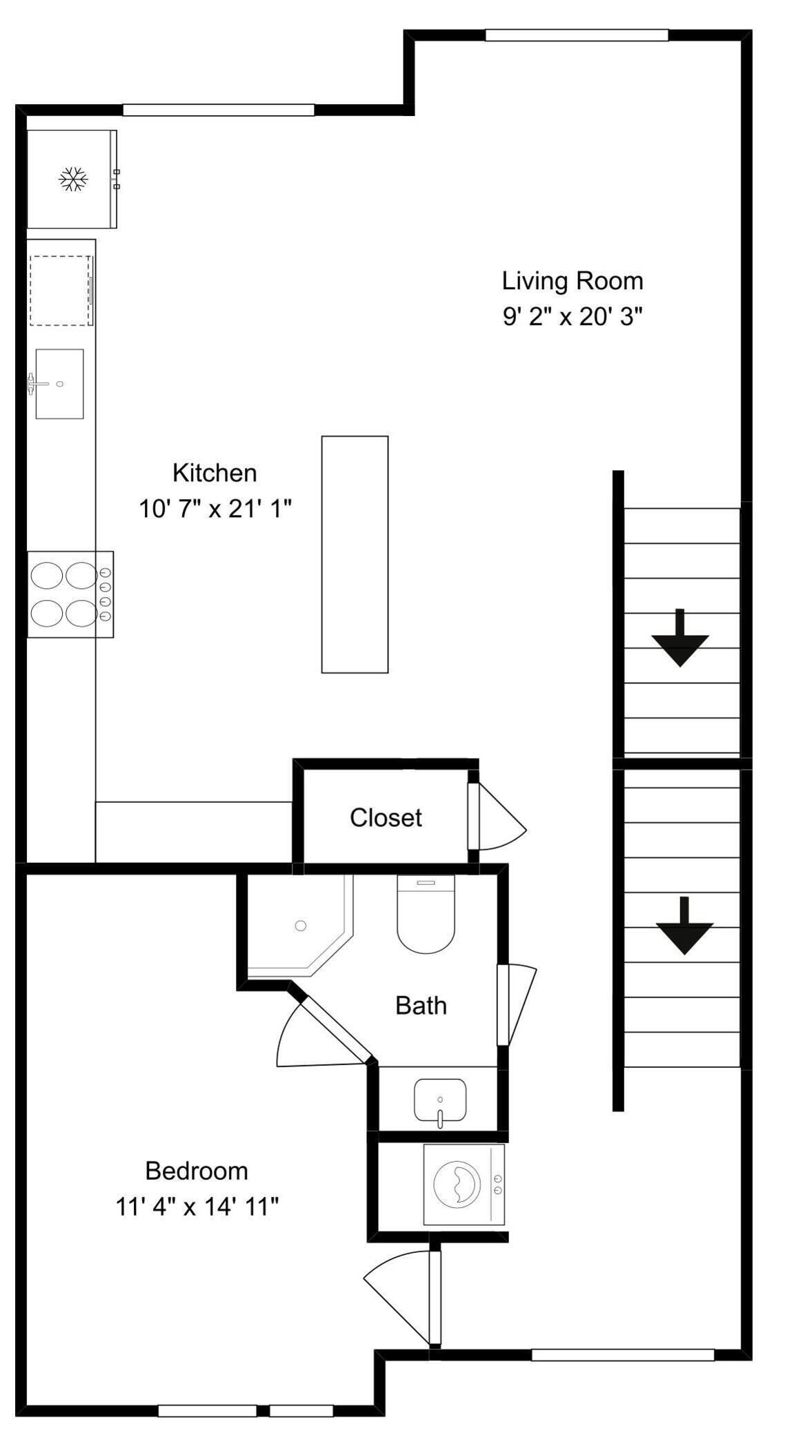 A floor plan with a living room, kitchen, closet, bathroom, and bedroom.
