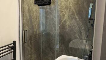Shower, hair dryer, towels, shampoo
