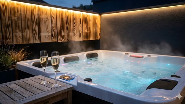 A hot tub with two glasses of champagne, surrounded by wooden paneling and potted plants.