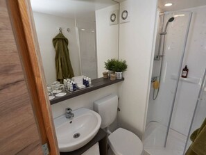 Ein Badezimmer mit Waschbecken, Toilette, Dusche und Spiegel.
