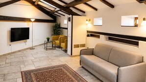 Un salon moderne avec des poutres apparentes en bois, un téléviseur à écran plat, un canapé, un tapis à motifs et une plante en pot.