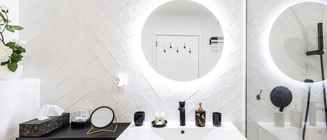 A modern bathroom with a white sink, a round mirror, a handheld showerhead, and a toilet visible through a glass partition.