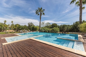 Ein Schwimmbad mit Holzterrasse, umgeben von Palmen und Grünpflanzen.