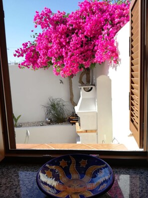 A window view of a room with a white wall, a pink flowering plant, a white pedestal, and a blue decorative plate on the windowsill. - Casa Saudade Townhouse - 400m From The Beach (Lagoa)