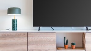 Ein Flachbildfernseher an einer weißen Wand, eine Marmorlampe auf einem Holzschrank und zwei Zimmerkakteen auf einem Regal.