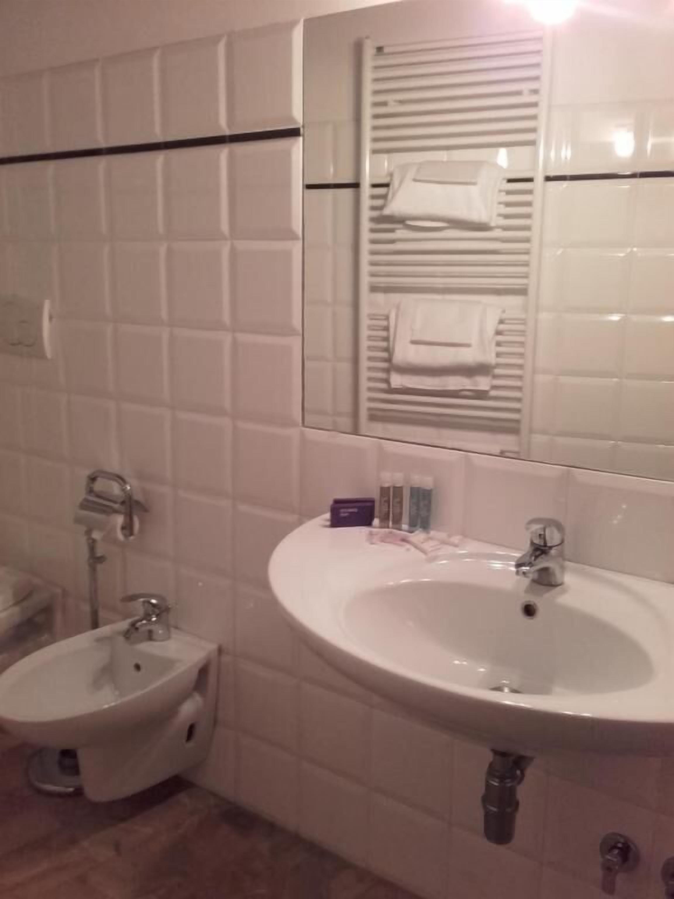 A bathroom with a white sink, a bidet, a mirror, and a towel rack.