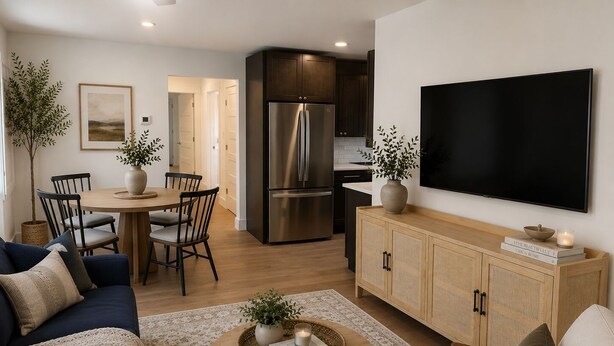 Een moderne woonkamer met een bank, salontafel en televisie. Er is een eethoek met stoelen en een tafel. De keuken beschikt over een koelkast en kasten.
