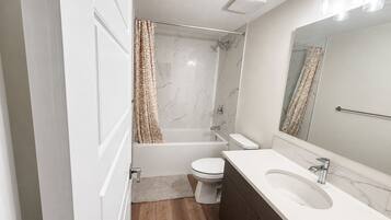 Hair dryer, towels, soap, shampoo