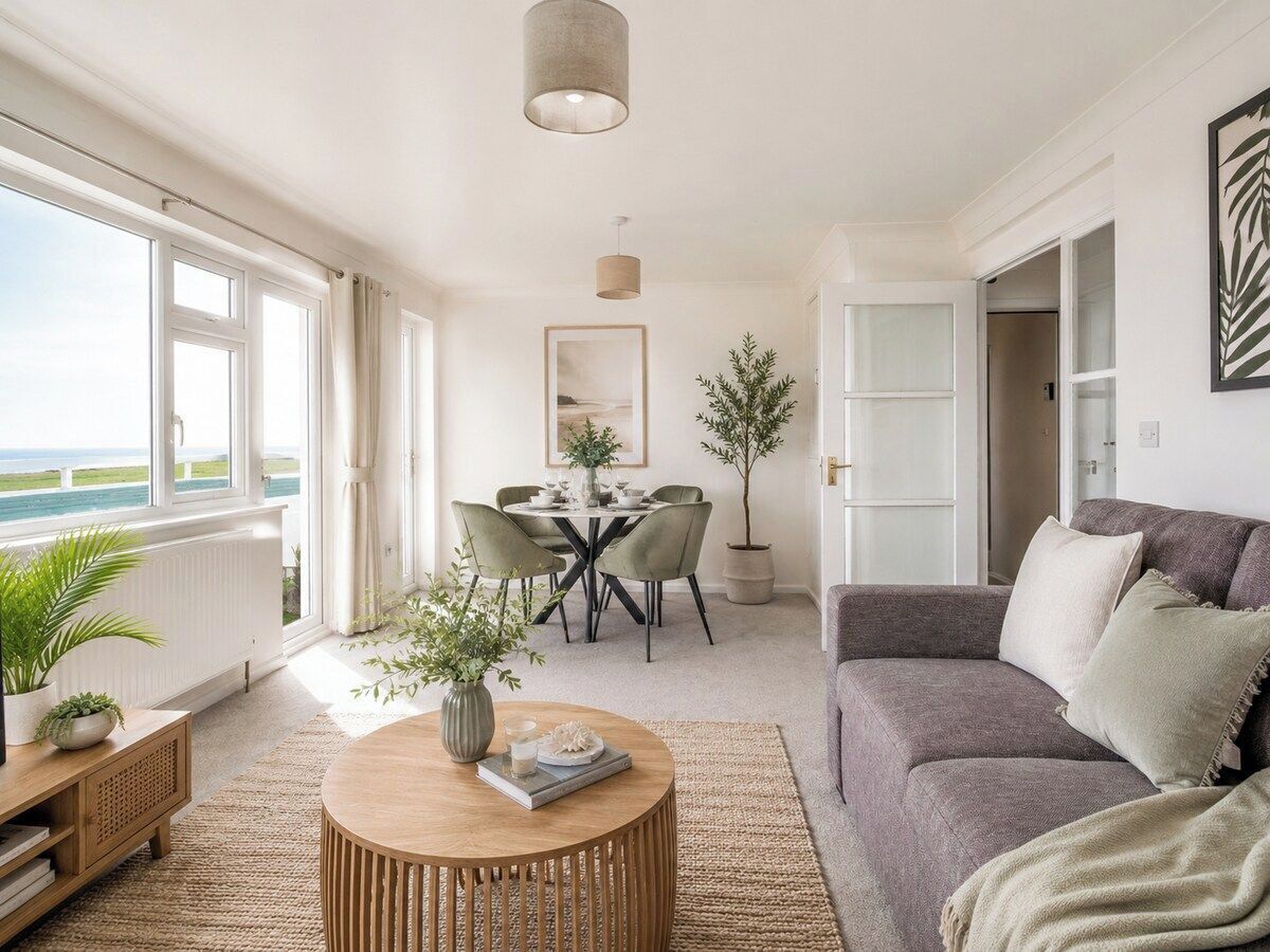 Una sala de estar con un sofá, una mesa de centro, una mesa de comedor con sillas, una planta en maceta y vista al mar a través de amplias ventanas.