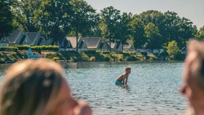 En vy över en sjö med en person i vattnet, omgiven av träd och hus.